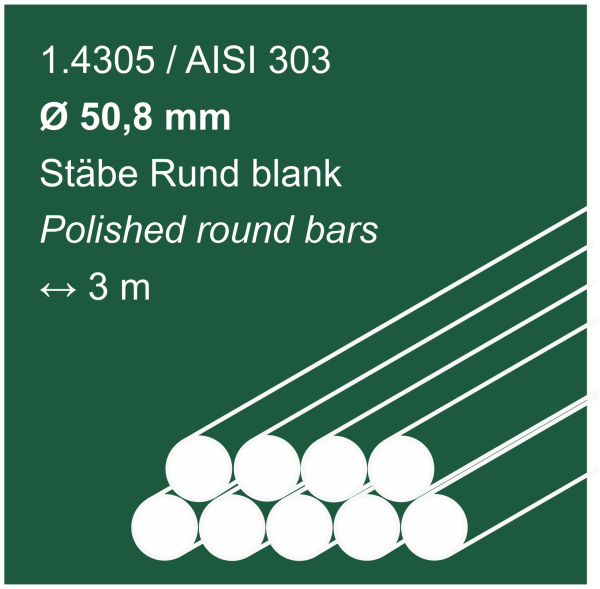 Edelstahlstäbe aus 1.4305 (303), 50,80 mm Durchmesser, 3000 mm lang, auf sandfarbigem Hintergrund abgebildet